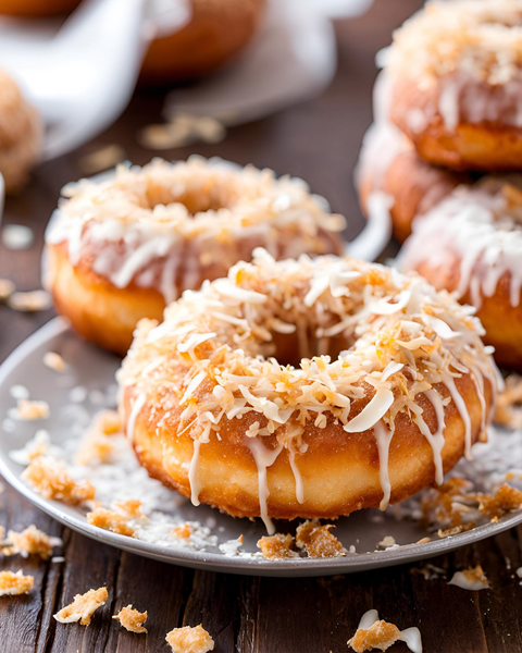 Coconut Cinnamon Doughnuts – Soft, baked doughnuts coated with cinnamon sugar and toasted coconut flakes.